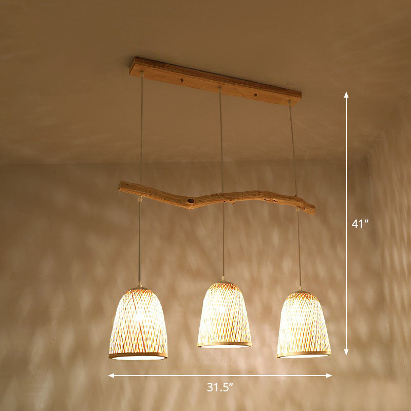 Bamboo Bell Shade Pendant Light - South-East Asian Tea Room Island Lighting With 3 Heads Wood Finish