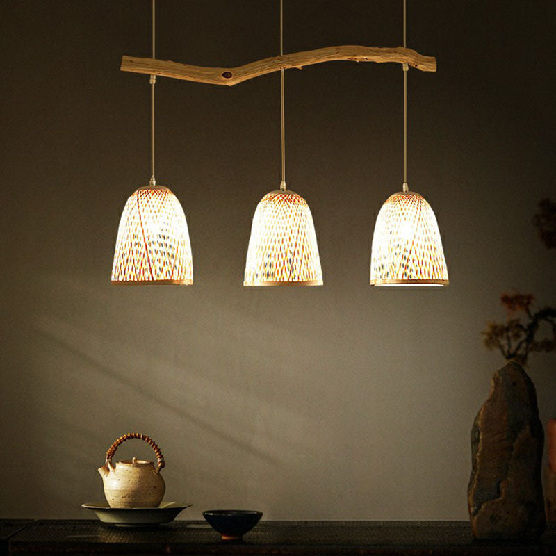 Bamboo Bell Shade Pendant Light - South-East Asian Tea Room Island Lighting With 3 Heads Wood Finish