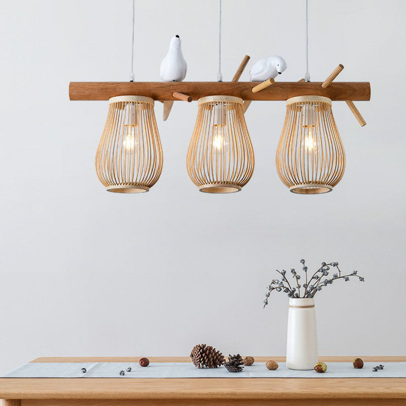 Nordic Style Bamboo Pendant Light With Bird Decor - Pear-Shaped Perfect For Dining Room And Kitchen