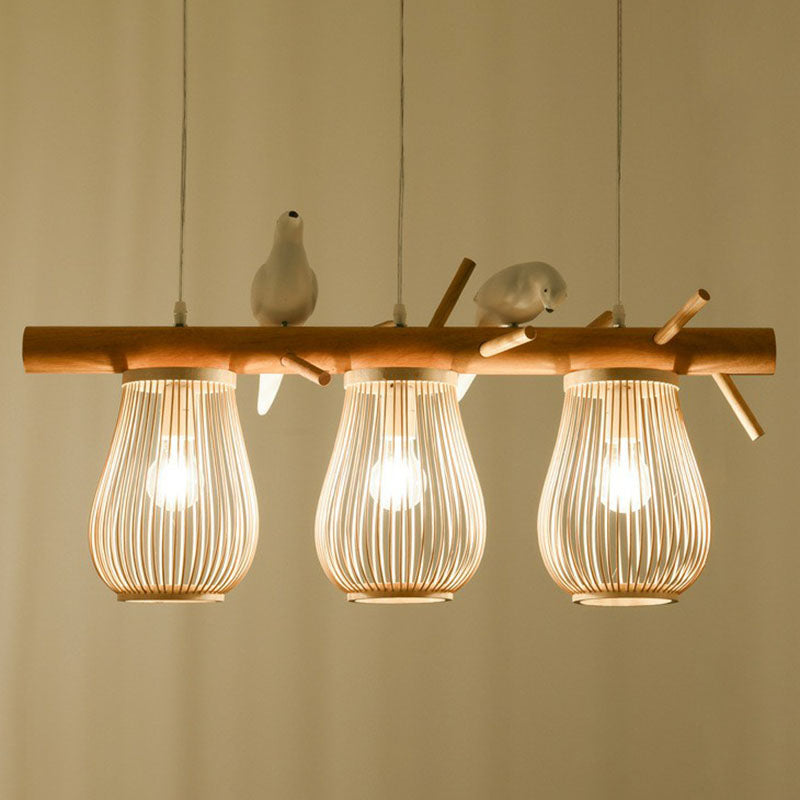 Nordic Style Bamboo Pendant Light With Bird Decor - Pear-Shaped Perfect For Dining Room And Kitchen