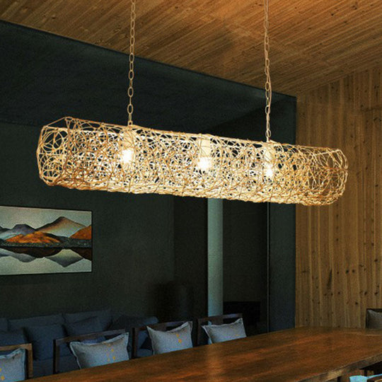 Cylindrical Rattan Island Pendant Light - Southeast Asian Style With 3 Bulbs For Tea Room Ceiling