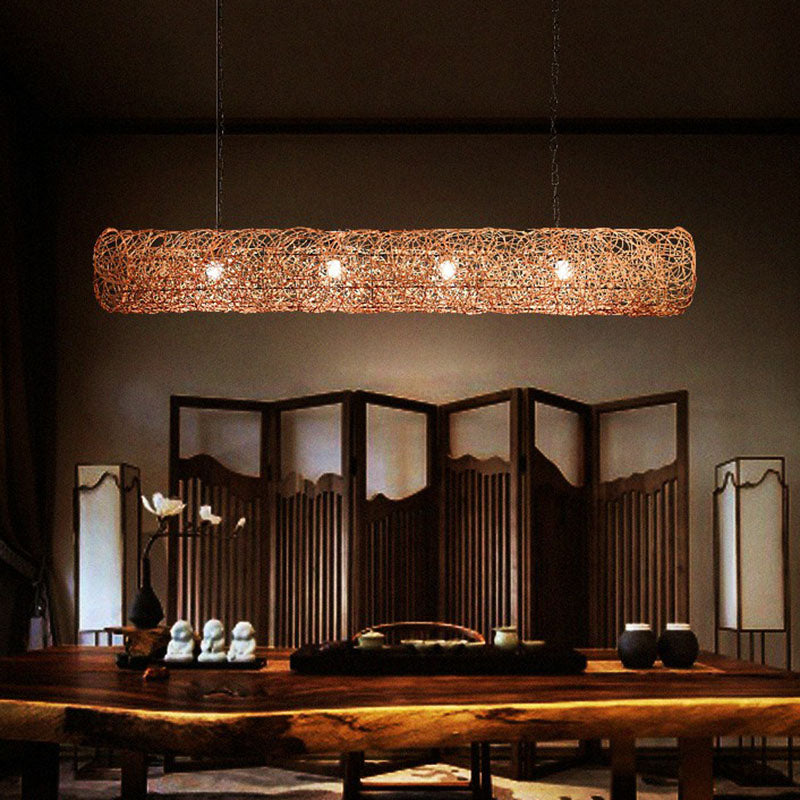 Cylindrical Rattan Island Pendant Light - Southeast Asian Style With 3 Bulbs For Tea Room Ceiling