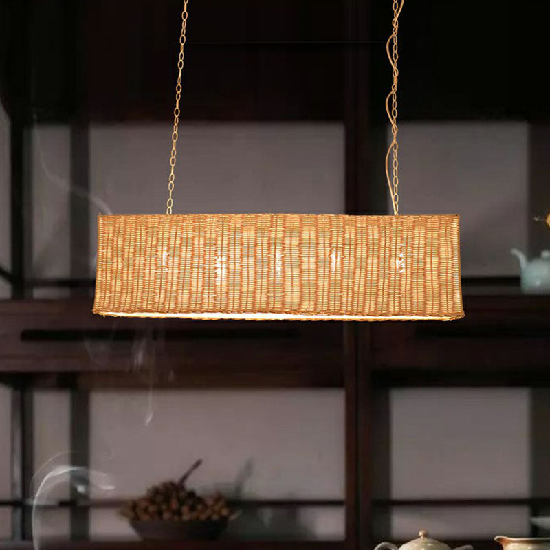 Minimalist Rectangular Rattan Restaurant Hanging Lamp With 3 Heads - Wood Island Chandelier Light