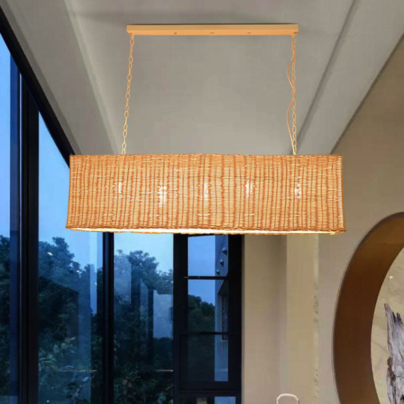 Minimalist Rectangular Rattan Restaurant Hanging Lamp With 3 Heads - Wood Island Chandelier Light