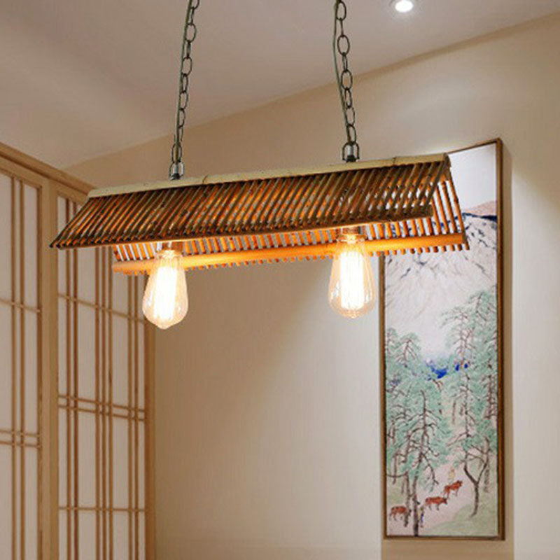 Modern Bamboo Island Pendant Light Fixture With Triangle Roof Design - Wood Ceiling Lighting 2 /