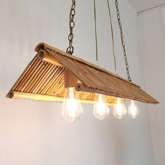 Modern Bamboo Island Pendant Light Fixture With Triangle Roof Design - Wood Ceiling Lighting