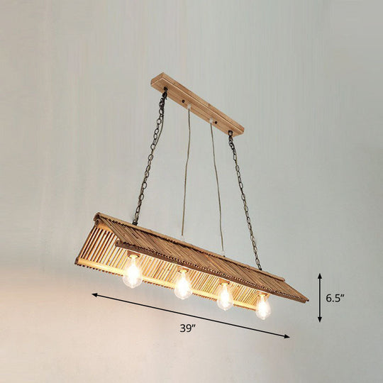 Modern Bamboo Island Pendant Light Fixture With Triangle Roof Design - Wood Ceiling Lighting