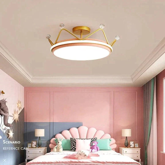 Nordic Golden Crown Bedroom Ceiling Lamp 50Cm Pink / Warm Light