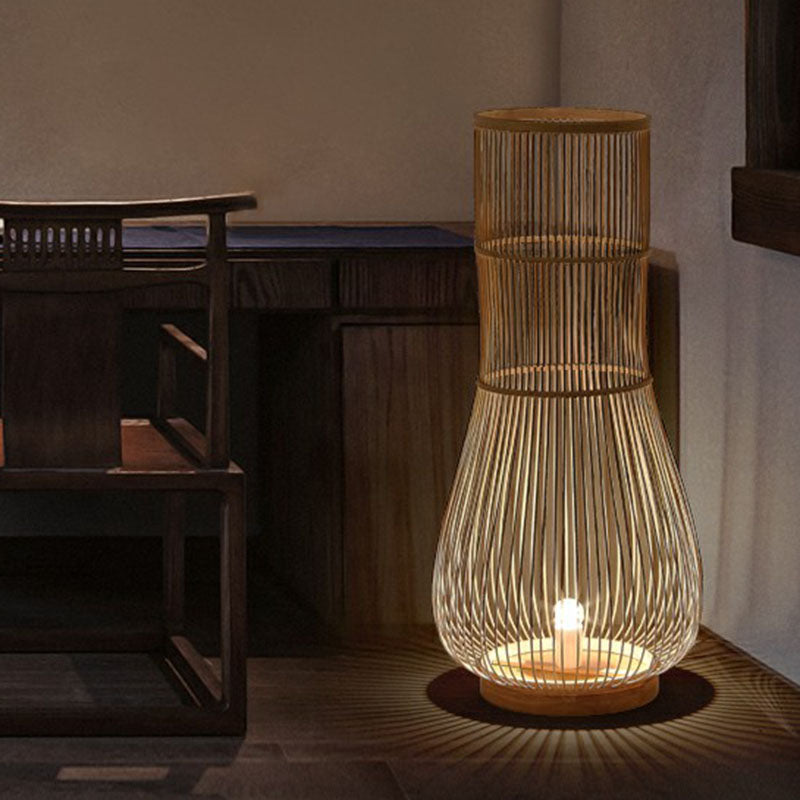 Bamboo Fish Trap Floor Lamp - Sleek Single-Bulb Illumination For Restaurants And Homes Brown