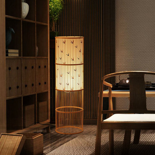 Modern Bamboo Floor Lamp - Single Cylindrical Standing Light For Living Room