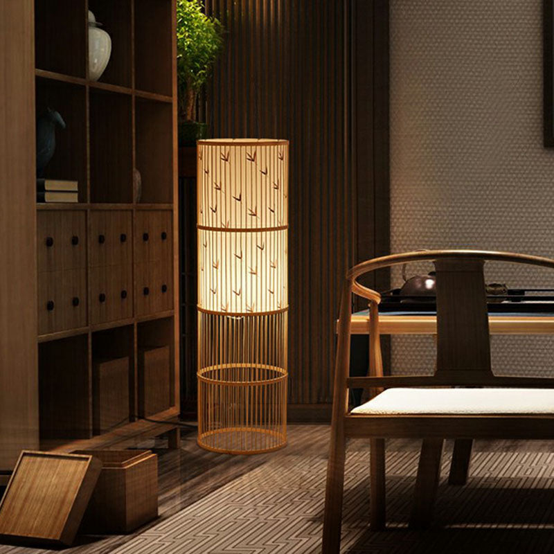 Modern Bamboo Floor Lamp - Single Cylindrical Standing Light For Living Room