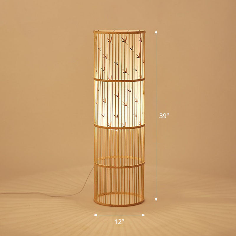 Modern Bamboo Floor Lamp - Single Cylindrical Standing Light For Living Room Wood