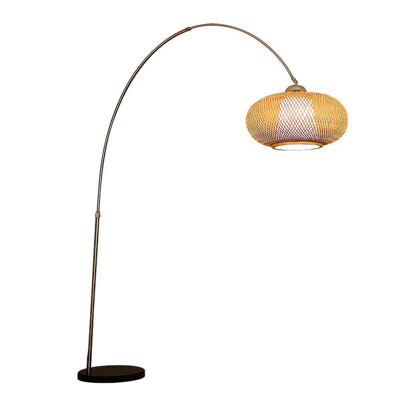 Bamboo Lantern Tea Room Floor Lamp With Minimalist Design And Wood Fishing Rod Arm