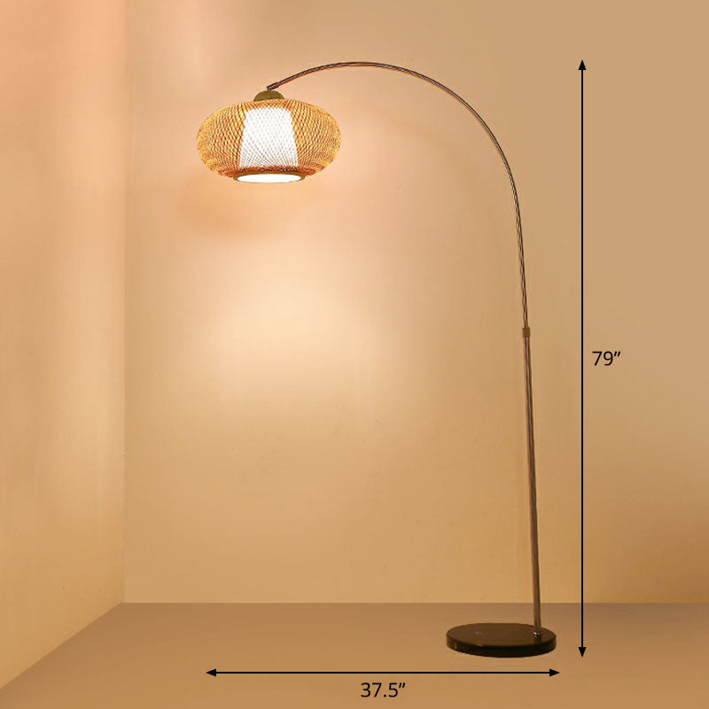 Bamboo Lantern Tea Room Floor Lamp With Minimalist Design And Wood Fishing Rod Arm / Small