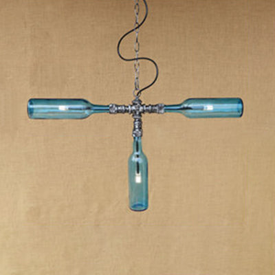 Antique Style Glass 3-Light Chandelier With Blue/Clear Bottle Shades - Restaurant Pendant Lamp Blue