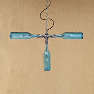 Antique Style Glass 3-Light Chandelier With Blue/Clear Bottle Shades - Restaurant Pendant Lamp