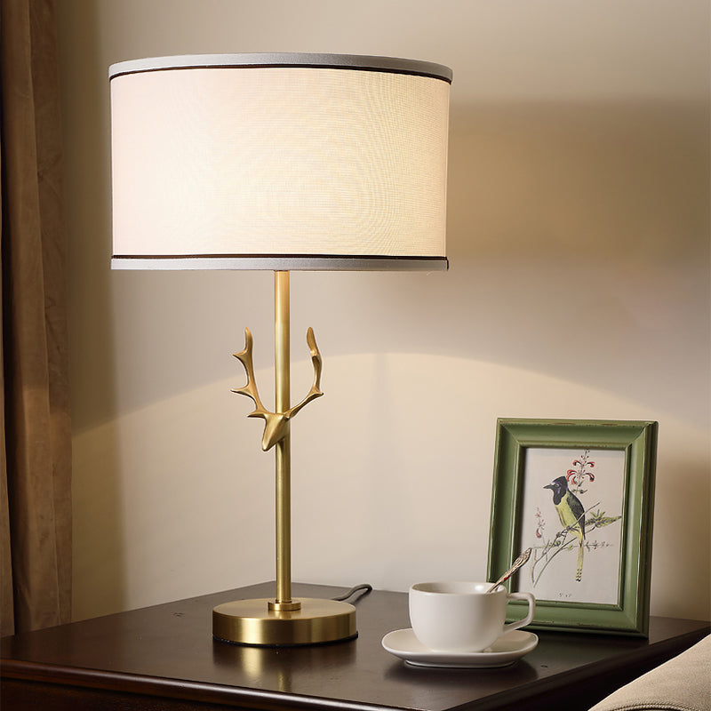 Antler Decor Fabric Drum Table Lamp - Simplicity 1 Bulb White Bedside Nightstand Light