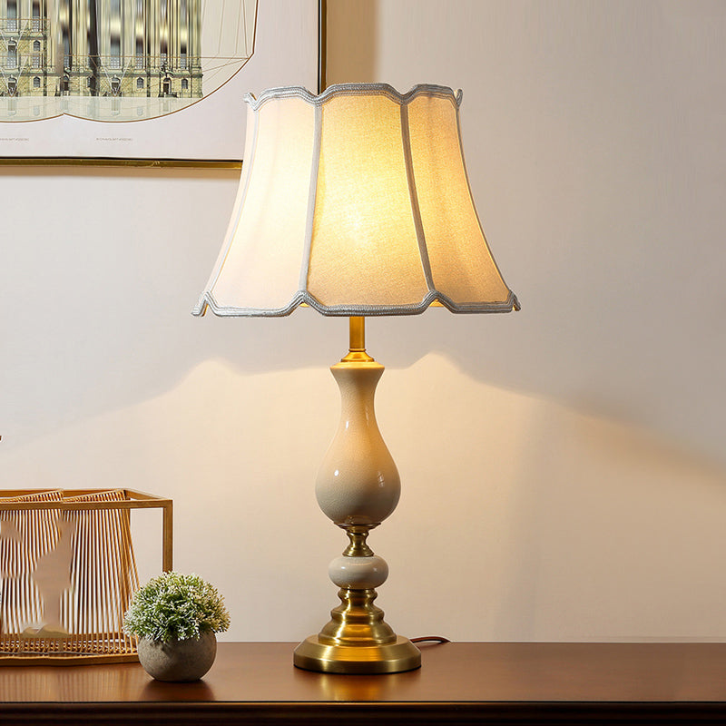 White Fabric Scalloped Bell Table Lamp - Simplicity Design Ceramic Decor