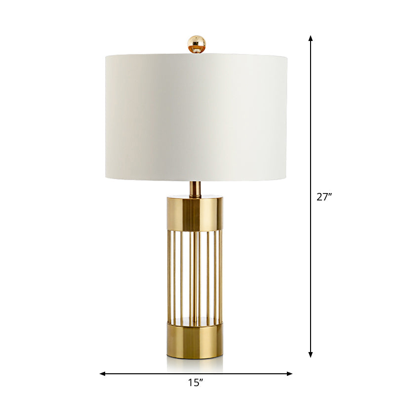 Contemporary Metallic Cylinder Table Light - Single-Bulb Bedside Lamp With White Drum Fabric Shade