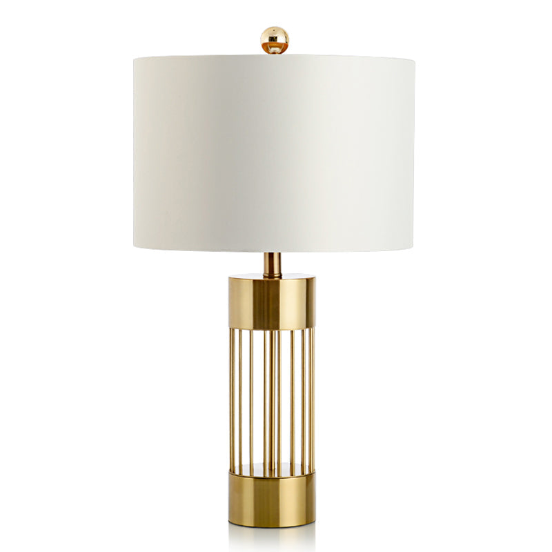 Contemporary Metallic Cylinder Table Light - Single-Bulb Bedside Lamp With White Drum Fabric Shade