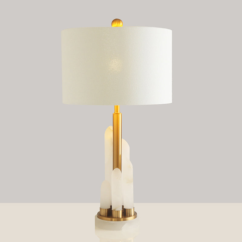 Minimalist 1-Head Fabric Bedside Lamp With Mica Base In White - Drum Table Lighting
