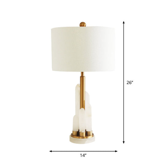 Minimalist 1-Head Fabric Bedside Lamp With Mica Base In White - Drum Table Lighting