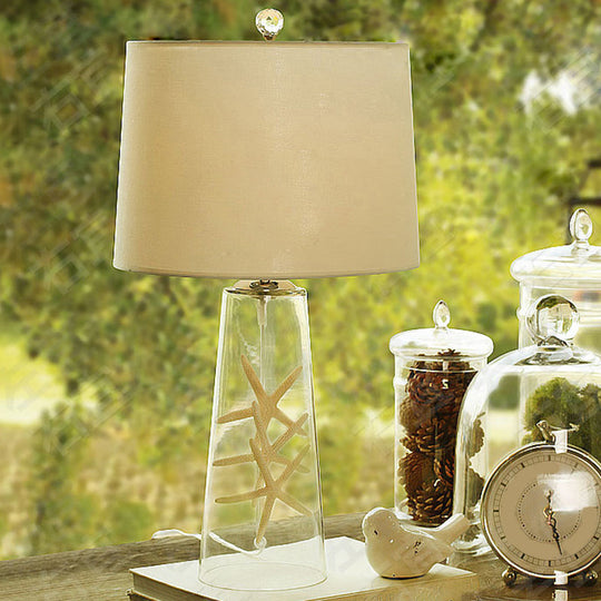 Modern Clear Handblown Glass Tapered Table Lamp With White Fabric Shade - Single Living Room