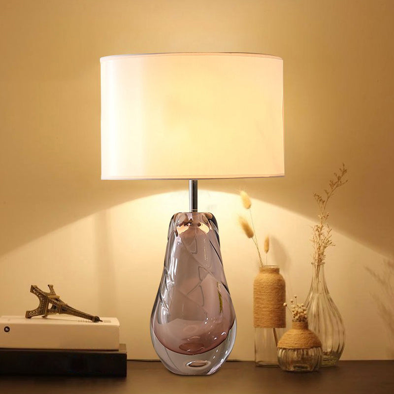 Handblown Glass Pear Living Room Table Lamp Modern White Nightstand Light With Fabric Drum Shade