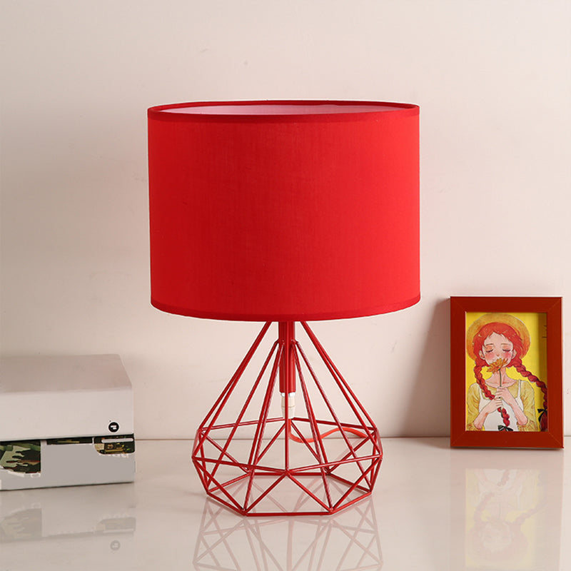 Diamond Cage Bedside Table Lamp - Metallic Finish Minimalist Design And Drum Fabric Shade Red