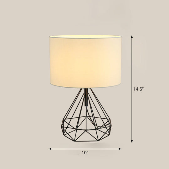 Diamond Cage Bedside Table Lamp - Metallic Finish Minimalist Design And Drum Fabric Shade Beige