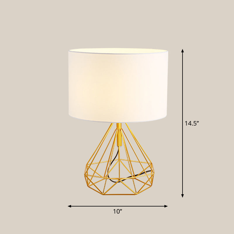 Diamond Cage Bedside Table Lamp - Metallic Finish Minimalist Design And Drum Fabric Shade White