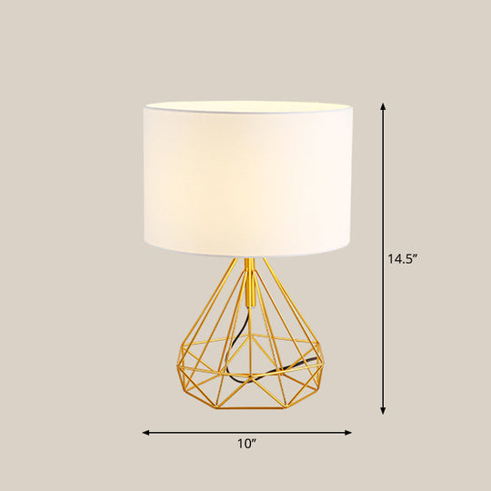 Diamond Cage Bedside Table Lamp - Metallic Finish Minimalist Design And Drum Fabric Shade White