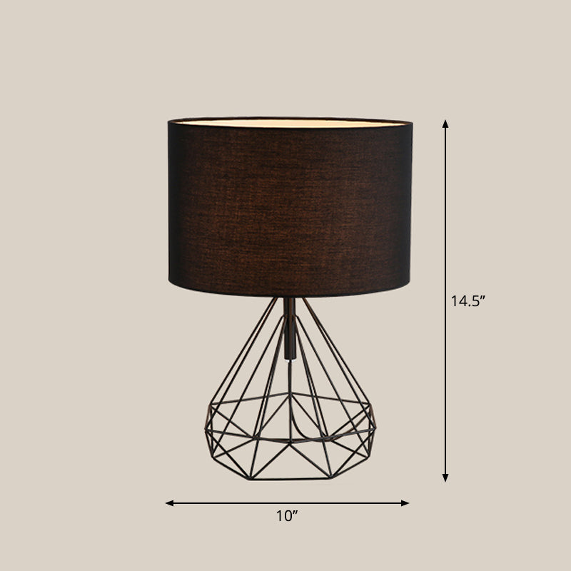 Diamond Cage Bedside Table Lamp - Metallic Finish Minimalist Design And Drum Fabric Shade Black