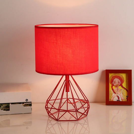 Diamond Cage Bedside Table Lamp - Metallic Finish Minimalist Design And Drum Fabric Shade