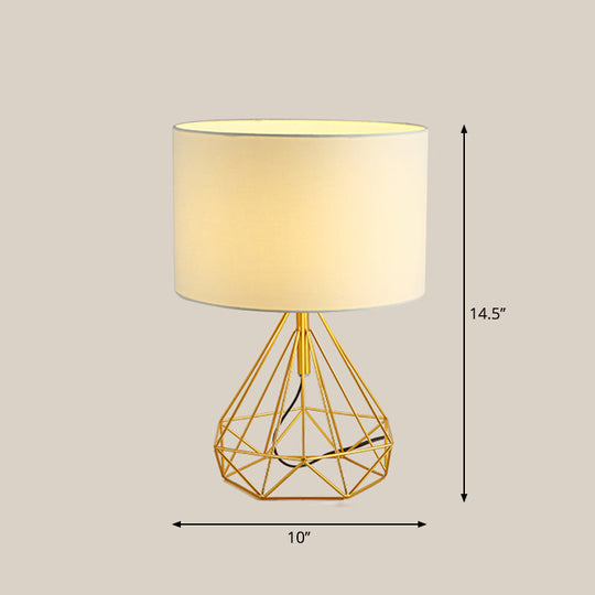 Diamond Cage Bedside Table Lamp - Metallic Finish Minimalist Design And Drum Fabric Shade Gold