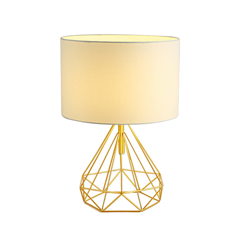 Diamond Cage Bedside Table Lamp - Metallic Finish Minimalist Design And Drum Fabric Shade