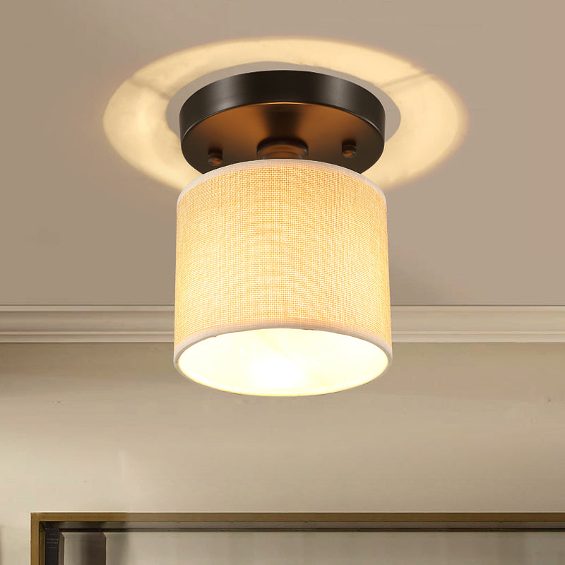Beige Fabric Drum Semi-Flush Ceiling Light - Simple Single-Bulb Design