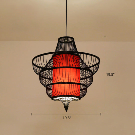 Contemporary Bamboo Pendant Light - Hot Pot-Shaped Single-Bulb Suspension Fixture Red-Black / 19.5