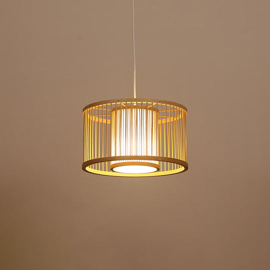 Modern Handwoven Bamboo Pendant Light For Restaurants - Single Wood Hanging Ceiling