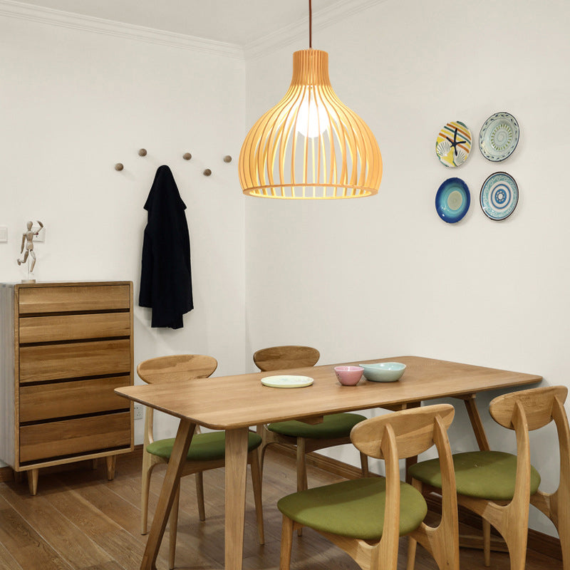 Modern Wooden Pendant Light Fixture For Dining Room - Single-Bulb Suspension Design