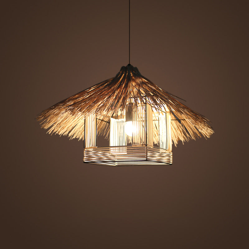 Asian Style Rattan Ceiling Light Fixture With Wood Detailing - Ideal For Restaurants / C
