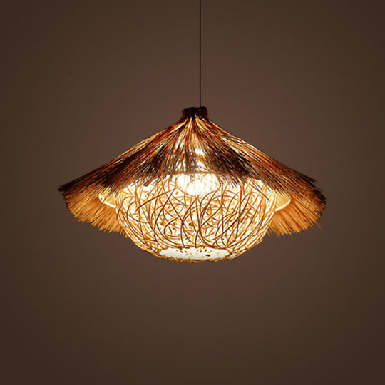 Asian Style Rattan Ceiling Light Fixture With Wood Detailing - Ideal For Restaurants / D