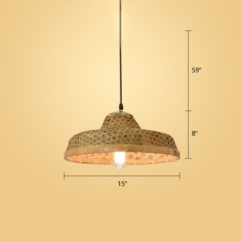 Contemporary Bamboo Pendant Light With Hat Shape: Single-Bulb Wood Suspension Fixture / E