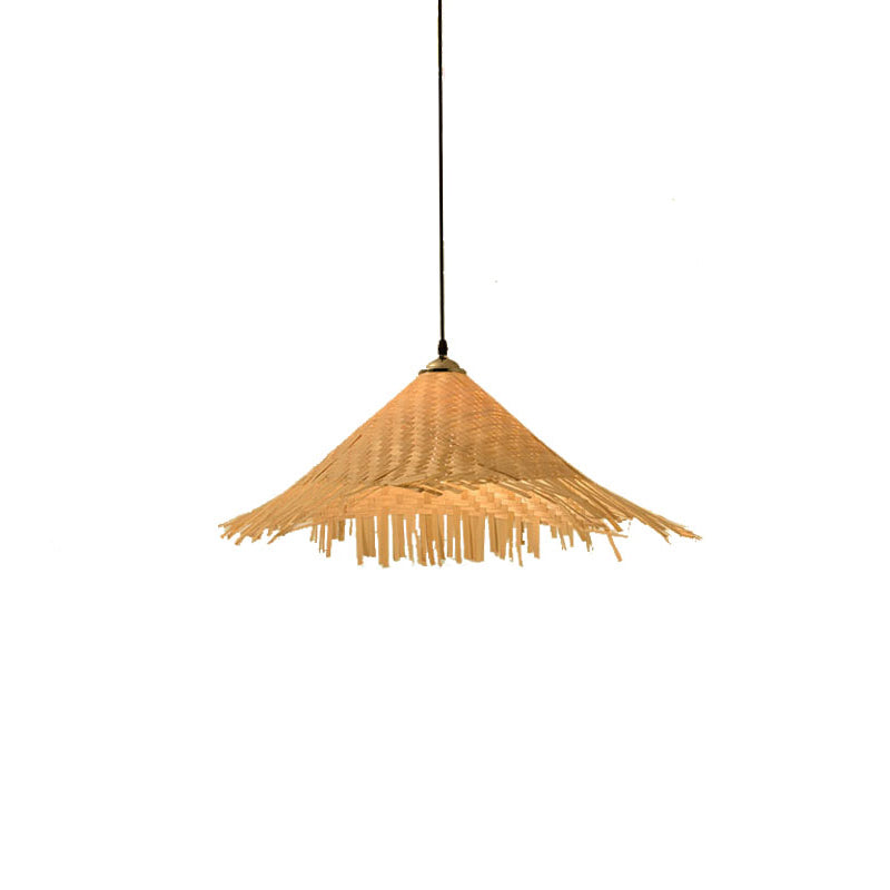 Contemporary Bamboo Pendant Light With Hat Shape: Single-Bulb Wood Suspension Fixture