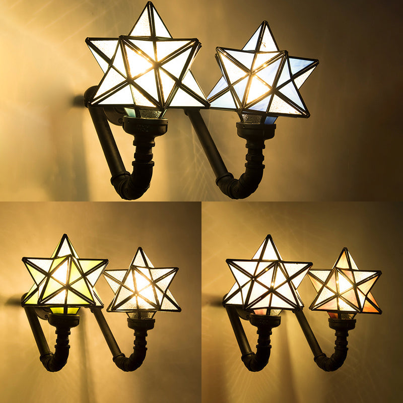 Stained Glass Star Sconce Lamp For Rustic Kitchen Double Wall Lighting In Pink/Green/Blue