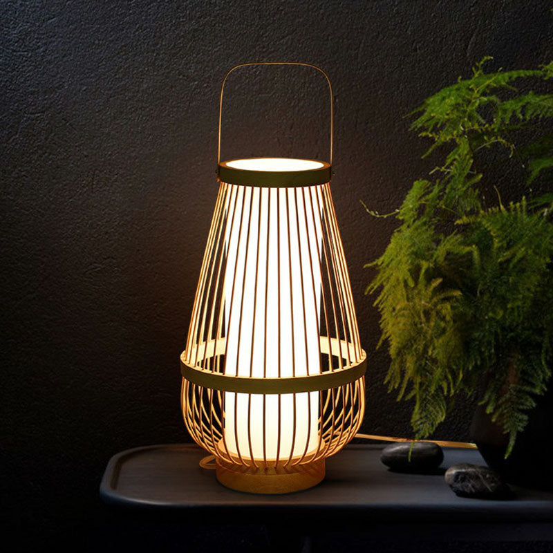 Minimalist Bamboo Table Lamp: Basket Shape 1 Head Wood Nightstand Light For Restaurants