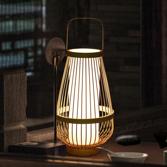 Minimalist Bamboo Table Lamp: Basket Shape 1 Head Wood Nightstand Light For Restaurants