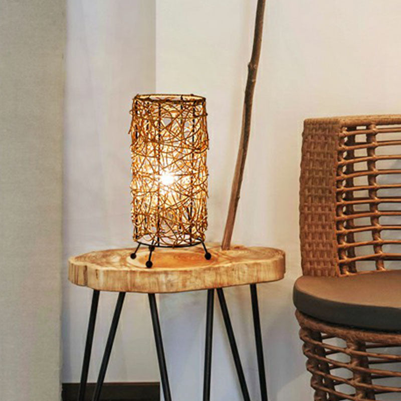 Rattan Cylindrical Table Lamp: Modern Style Single-Bulb Nightstand Lighting For Living Rooms
