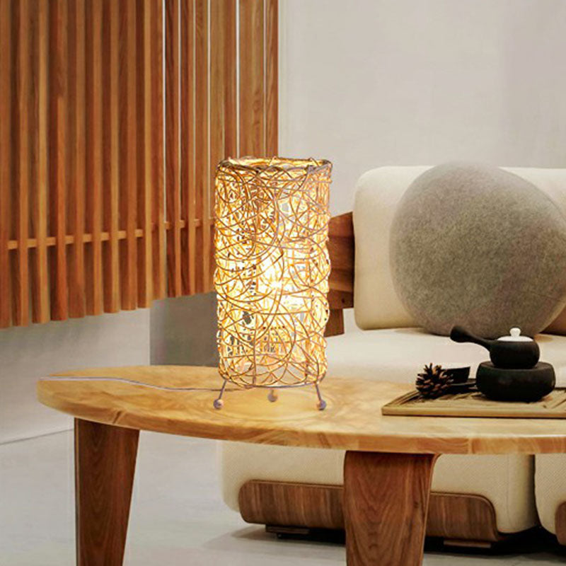 Rattan Cylindrical Table Lamp: Modern Style Single-Bulb Nightstand Lighting For Living Rooms