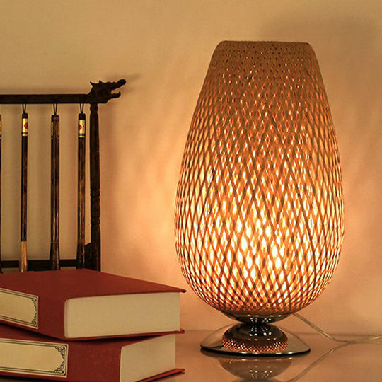 Sleek Egg-Like Rattan Bedside Table Lamp - Single-Bulb Nightstand Light With Wood Accent